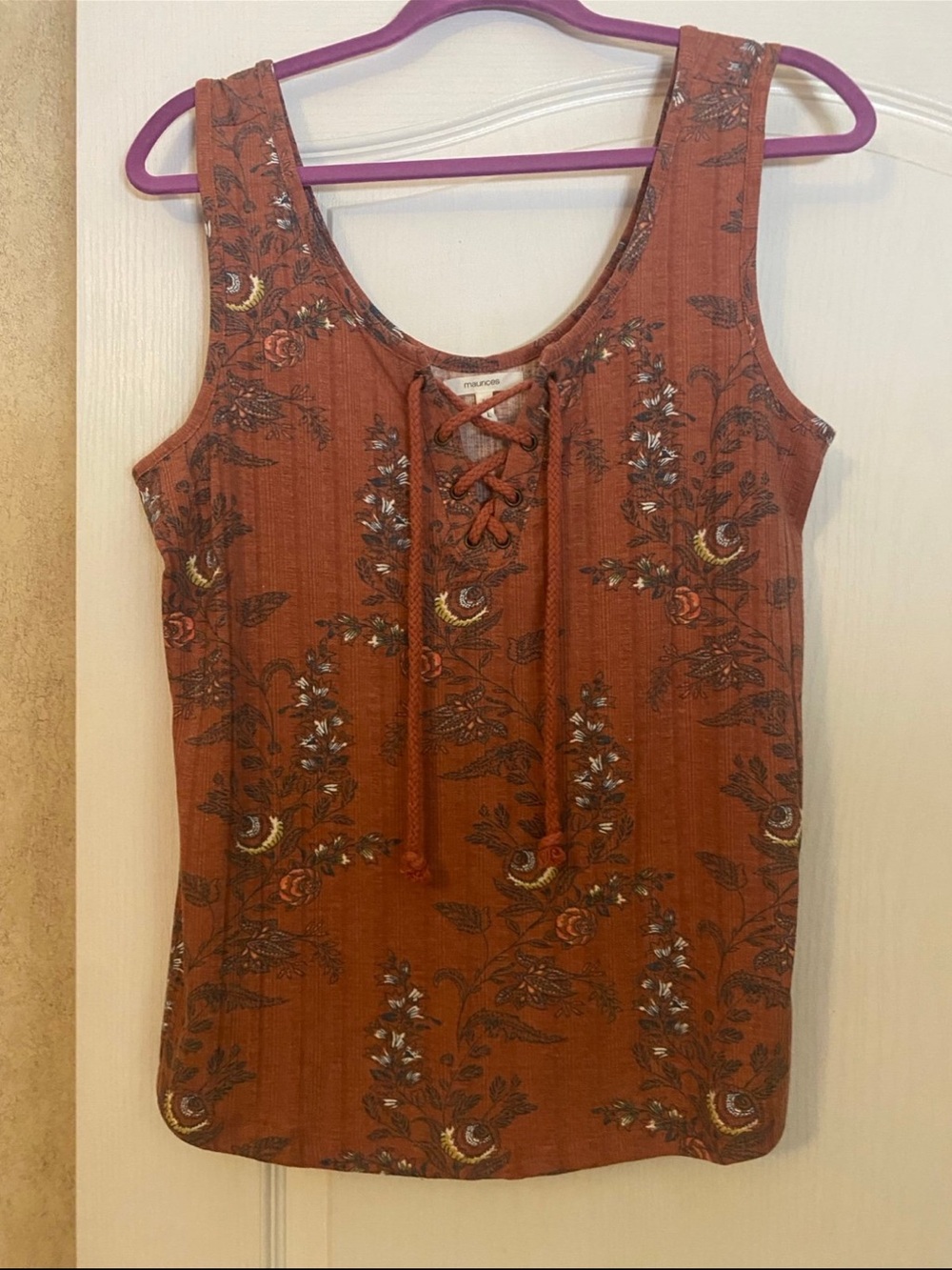 Maurices Rust-Toned Floral Lace-Up Tank